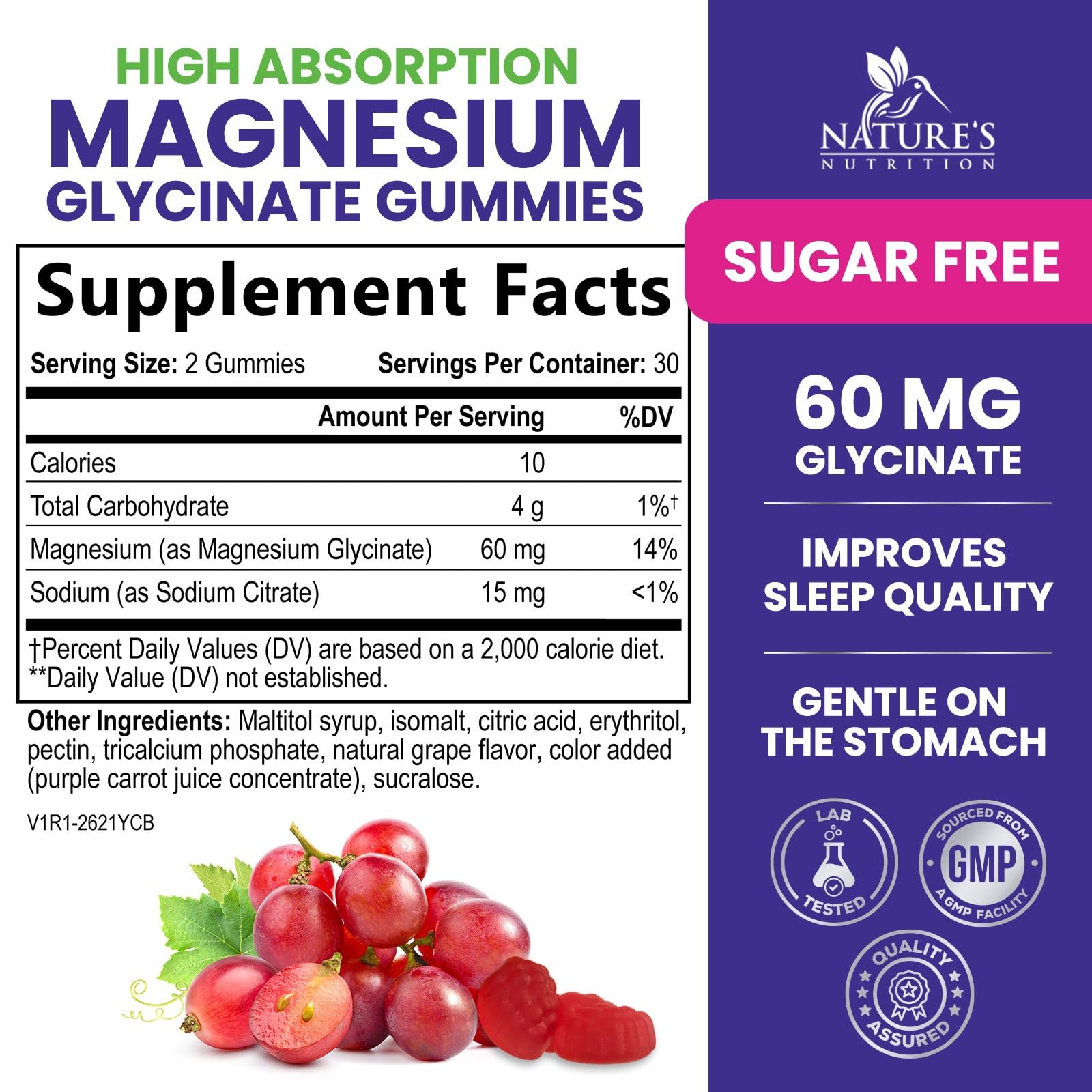 Nature's Nutrition Magnesium Glycinate Gummies closeup grape flavor encourages daily use
