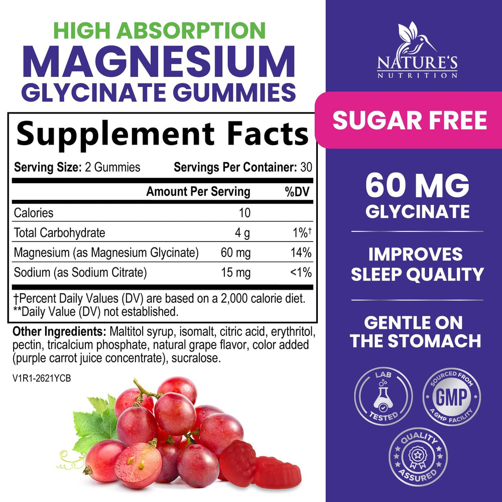 Nature's Nutrition Magnesium Glycinate Gummies closeup grape flavor encourages daily use