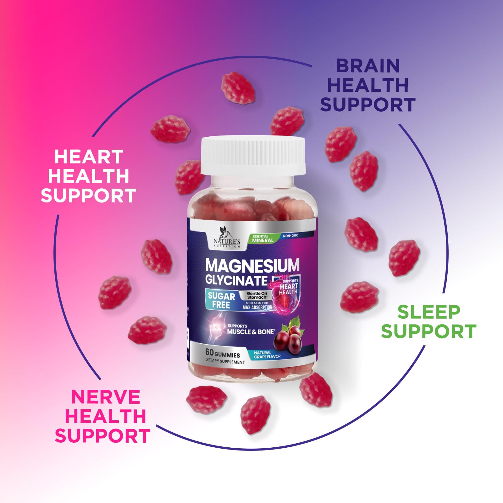 Nature's Nutrition Magnesium Glycinate Gummies grape flavor conveys tasty, sugar-free option