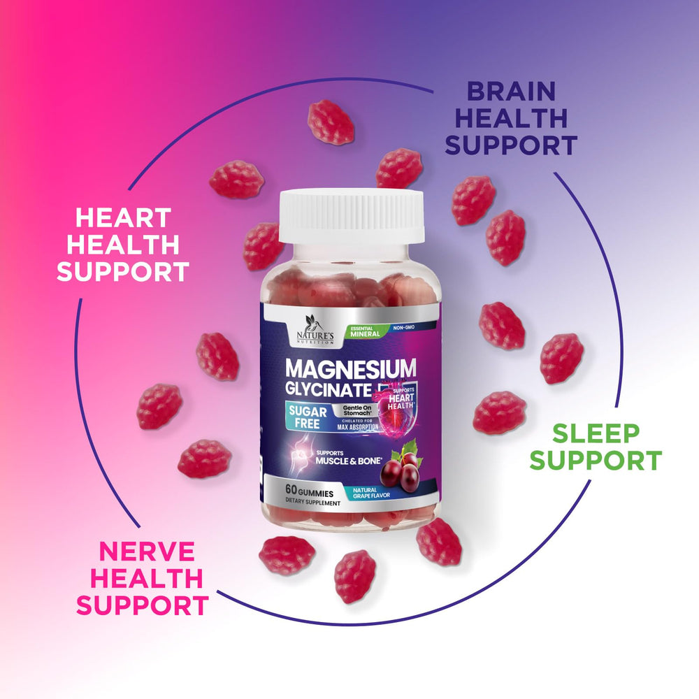 Nature's Nutrition Magnesium Glycinate Gummies grape flavor conveys tasty, sugar-free option