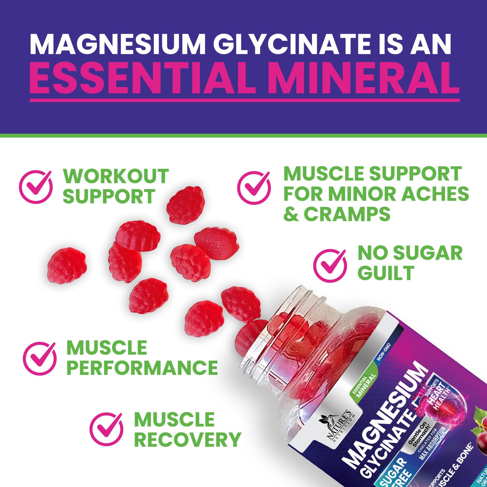 Nature's Nutrition Magnesium Glycinate Gummies ingredients panel emphasizes chelated glycinate