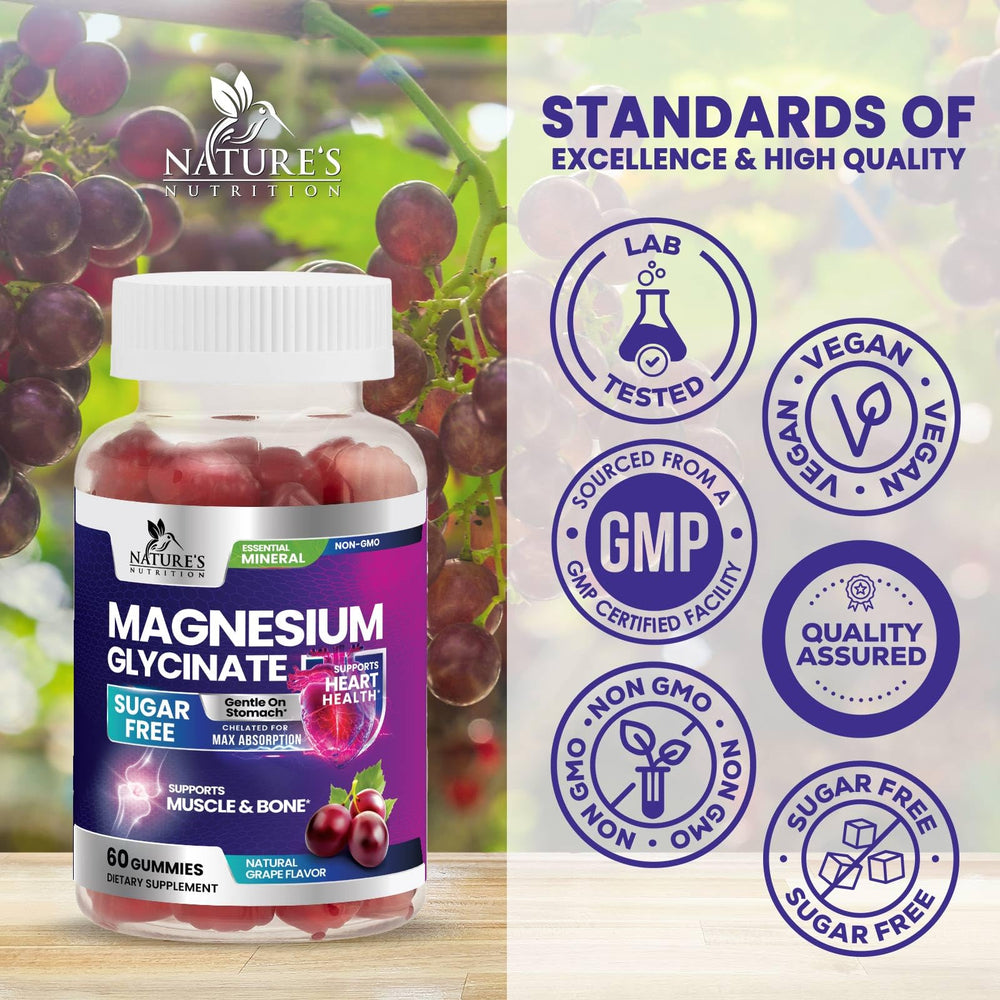 Nature's Nutrition Magnesium Glycinate Gummies label view shows sugar-free and vegan features