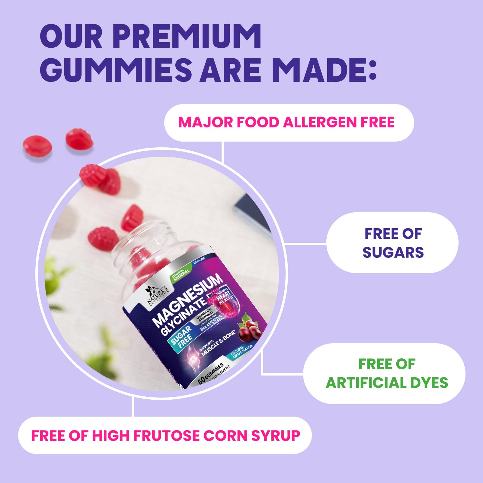 Nature's Nutrition Magnesium Glycinate Gummies vegan symbol reinforces plant-based supplement