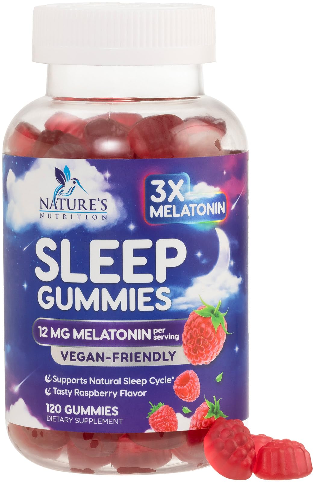Nature's Nutrition Melatonin Sleep Gummies bottle with extra strength support for restful nights