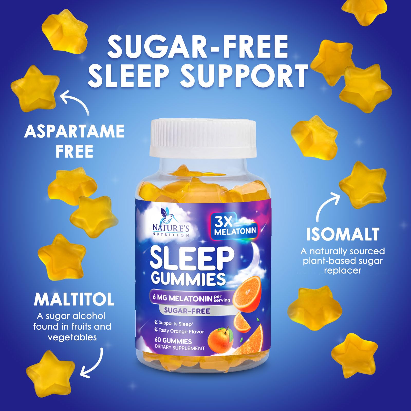 Nature's Nutrition melatonin sleep gummies closeup highlights gummy texture.