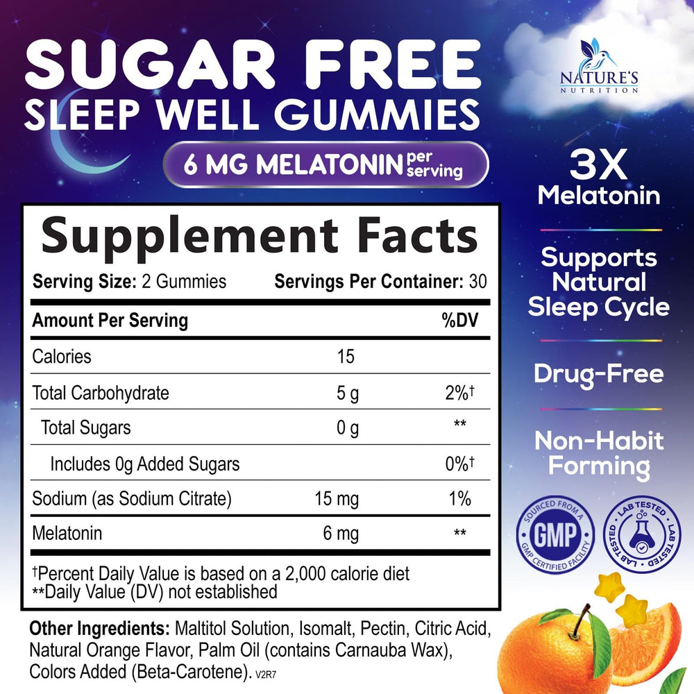Nature's Nutrition melatonin sleep gummies orange flavor closeup supports restful nights.