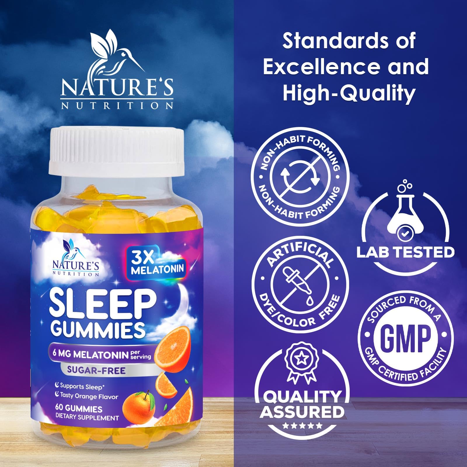 Nature's Nutrition melatonin sleep gummies serving inside view shows dosage.