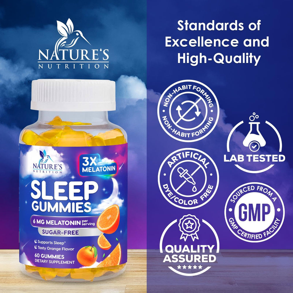 Nature's Nutrition melatonin sleep gummies serving inside view shows dosage.