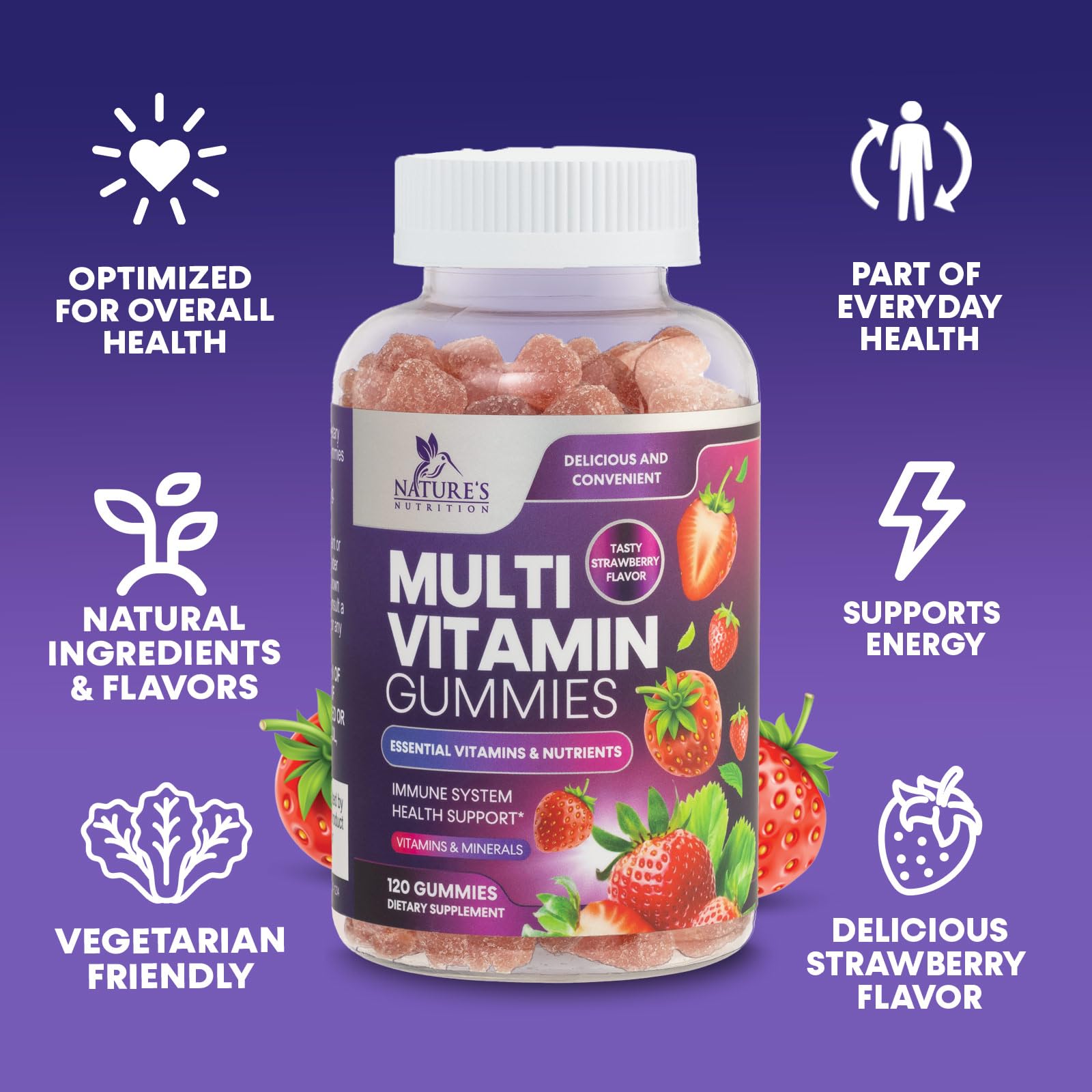 Berry flavor text on Nature's Nutrition gummies packaging.