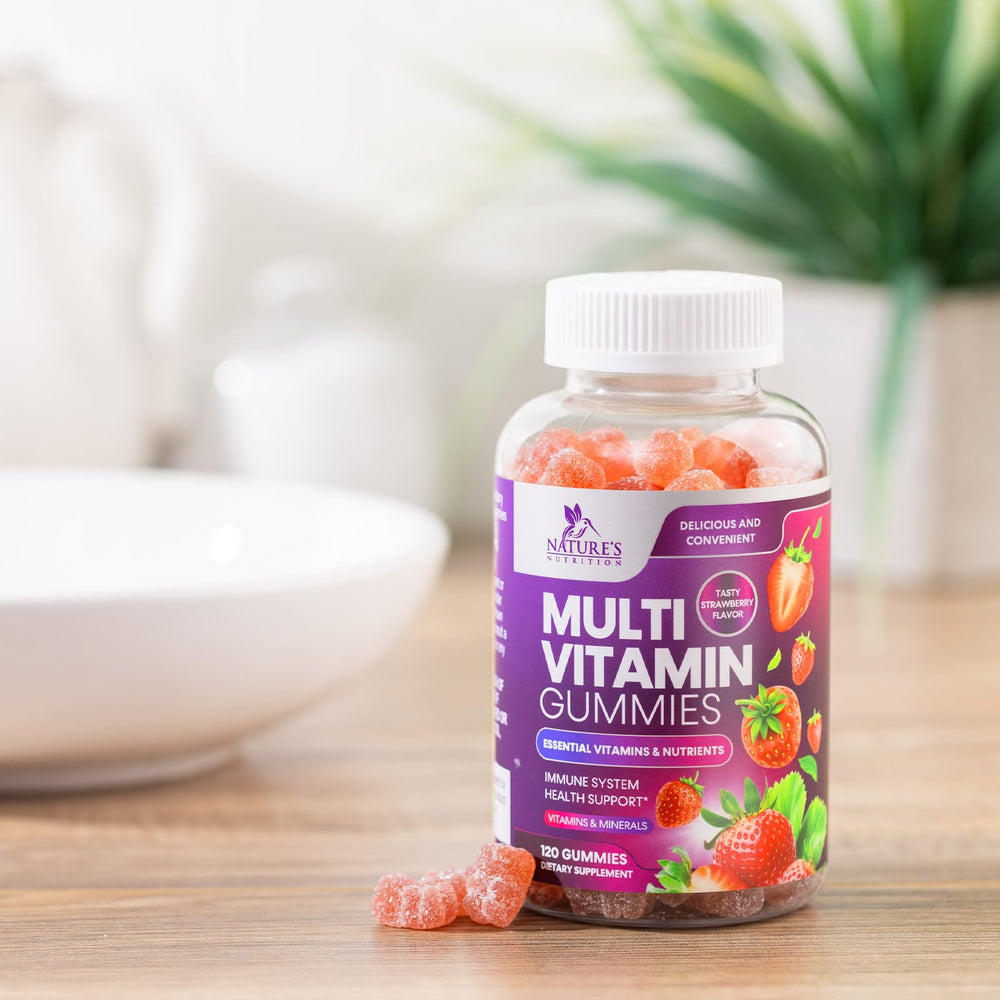 Nature's Nutrition gummies on a desk during a workday.