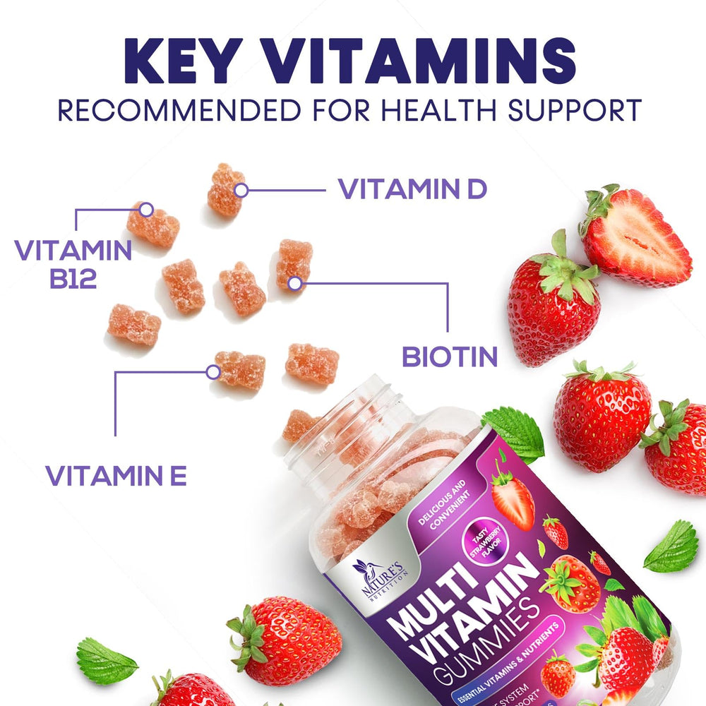 Adult taking Nature's Nutrition gummies during a morning routine.