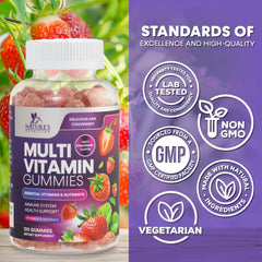 Measuring scoop beside Nature's Nutrition gummies for the daily dose.