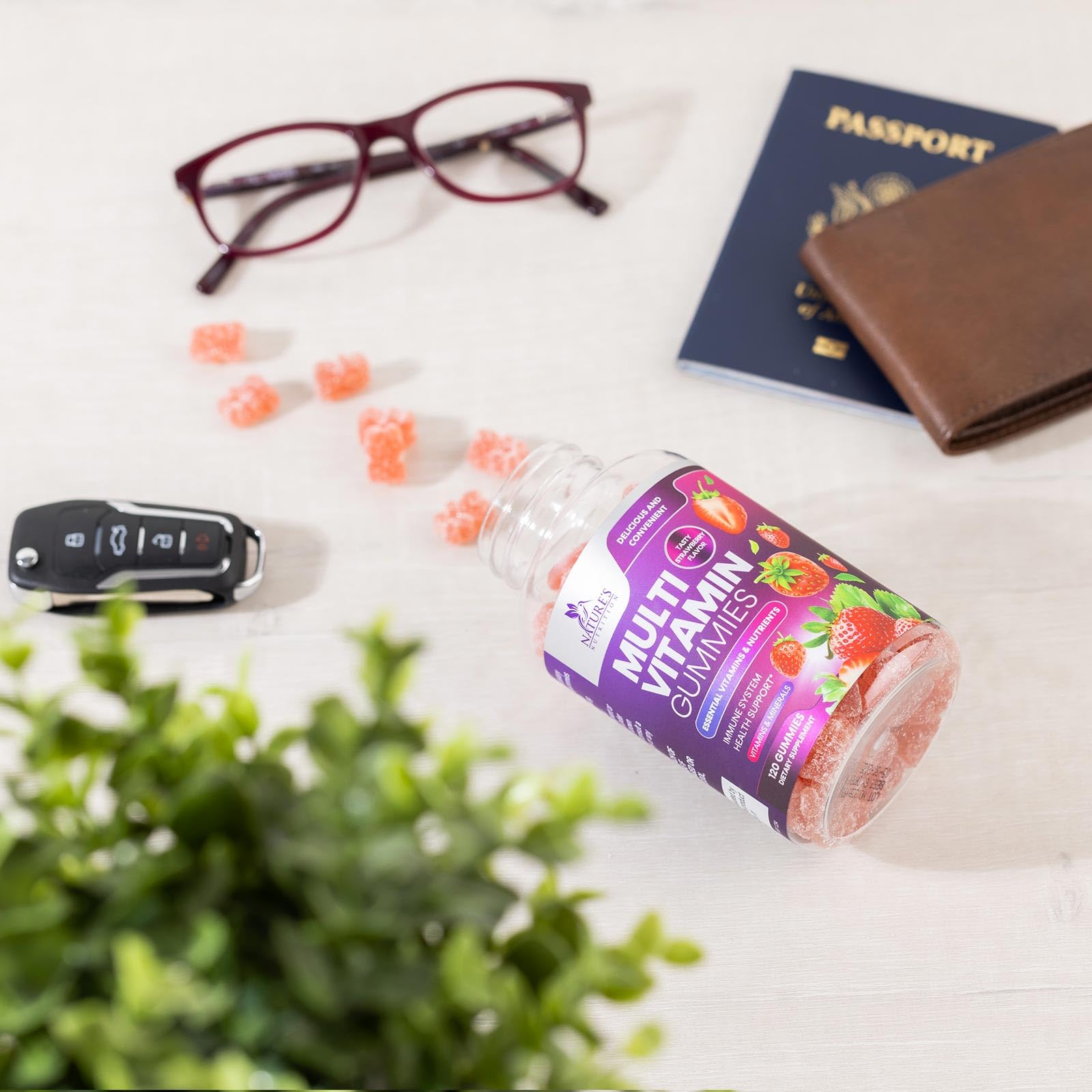 Travel-friendly Nature's Nutrition gummies bottle for on-the-go nutrition.