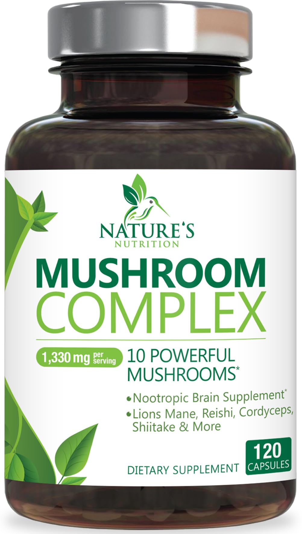 Nature's Nutrition Mushroom Brain Supplement bottle shows a high-strength 10-in-1 focus support formula