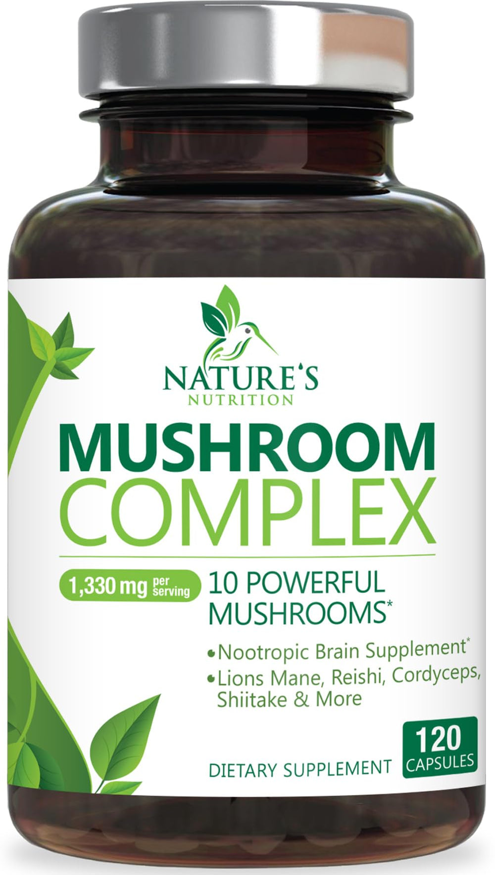 Nature's Nutrition Mushroom Brain Supplement bottle shows a high-strength 10-in-1 focus support formula