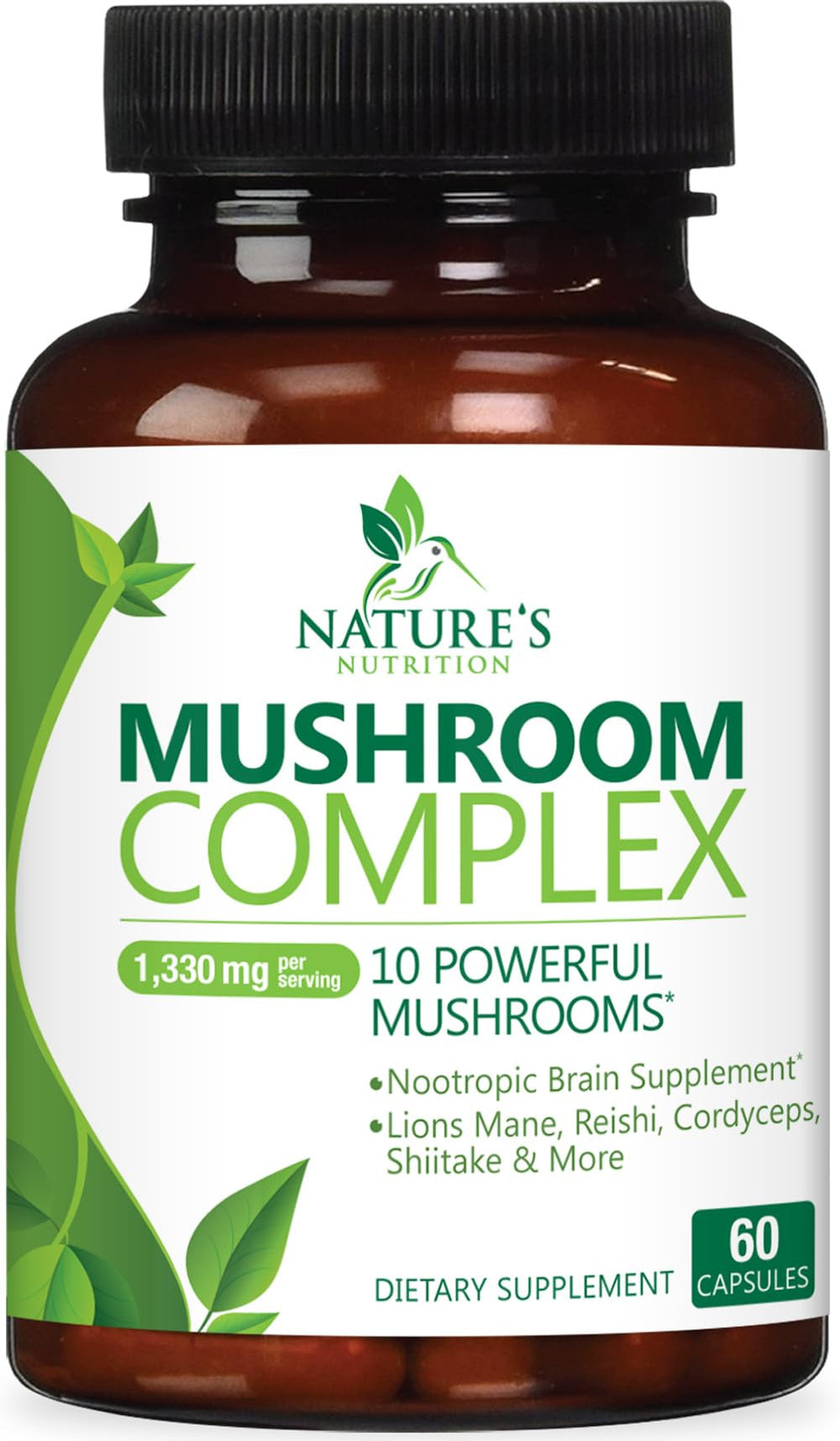 Nature's Nutrition mushroom brain supplement bottle with 10-in-1 formula for focus.