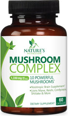 Nature's Nutrition mushroom brain supplement bottle with 10-in-1 formula for focus.