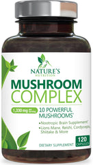 Nature's Nutrition Mushroom Brain Supplement bottle shows a high-strength 10-in-1 focus support formula
