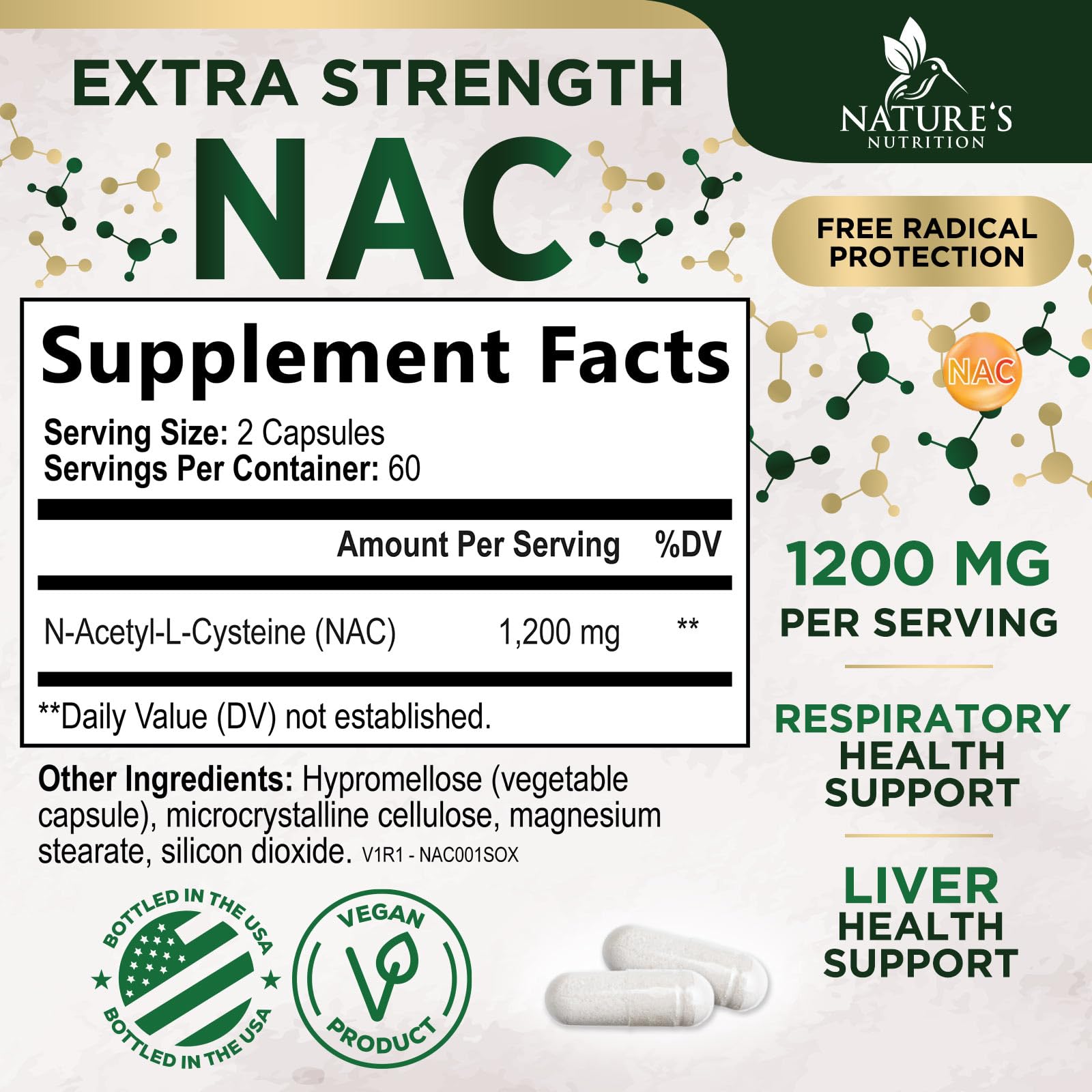 Nature's Nutrition NAC capsules closeup emphasizing high absorption formula.