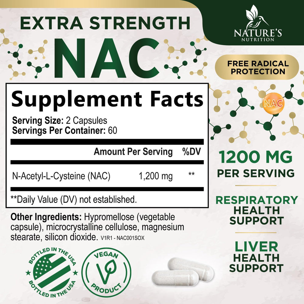 Nature's Nutrition NAC capsules closeup emphasizing high absorption formula.