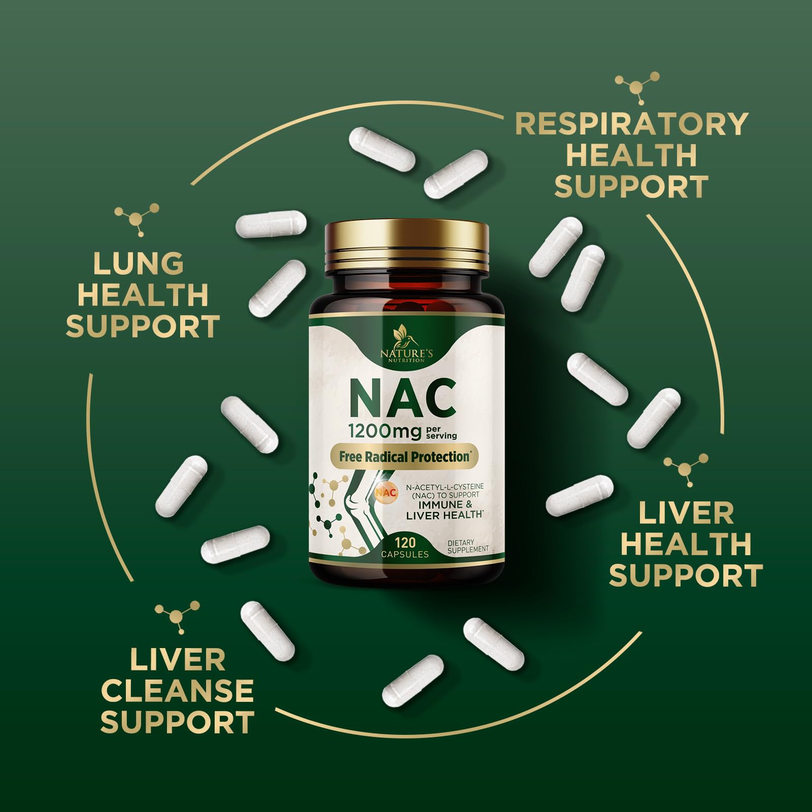 Nature's Nutrition NAC capsules arranged for daily immune support.
