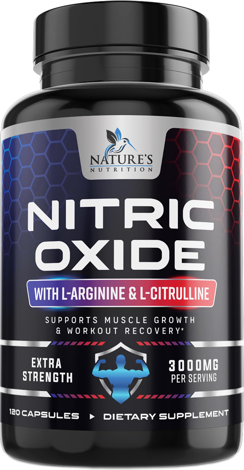 Nature's Nutrition nitric oxide booster 3000mg bottle for steady energy during workouts.