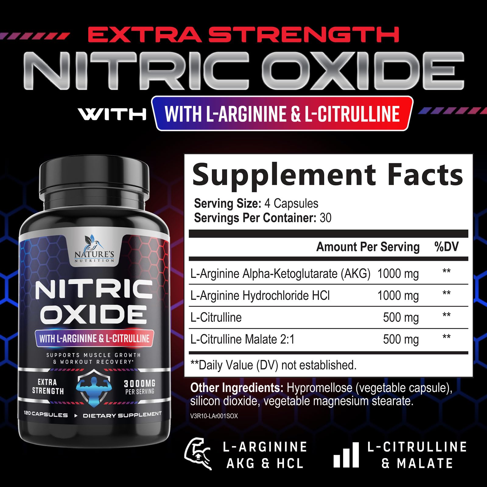 Nature's Nutrition nitric oxide booster capsules ready for pre-training use.