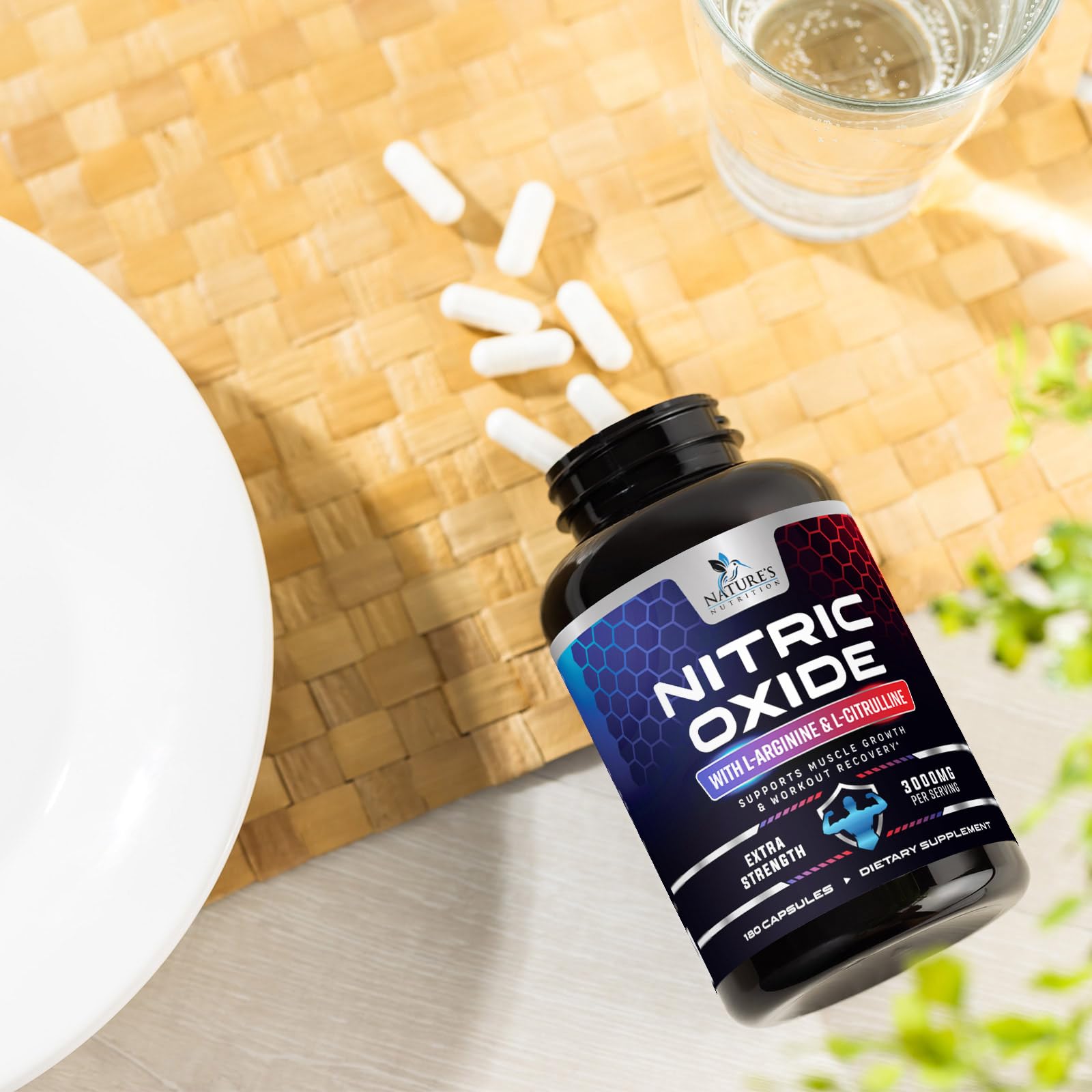 Nature's Nutrition Nitric Oxide Booster bottle label reads 180 capsules.