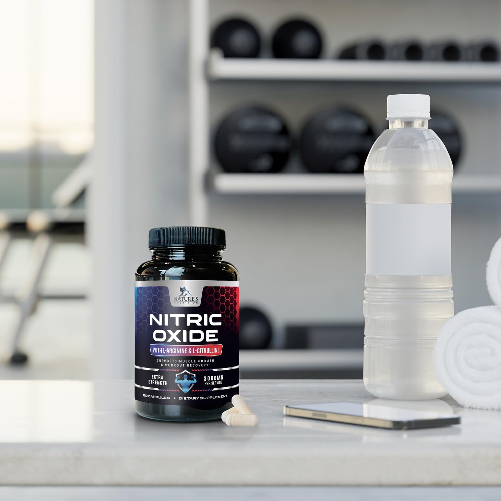 Nature's Nutrition Nitric Oxide Booster bottle beside sports drink for stamina.