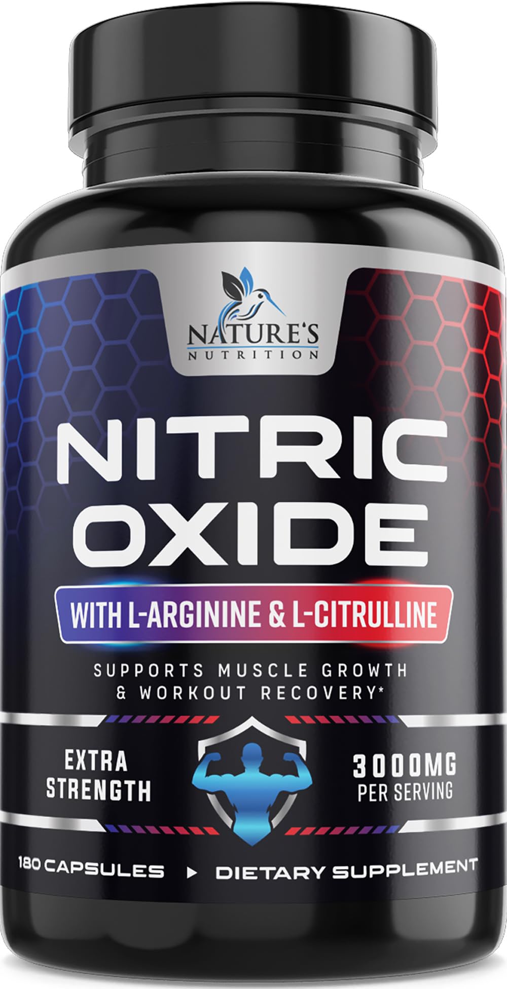 Nature's Nutrition Nitric Oxide Booster bottle showing 180 capsules for energy and endurance.
