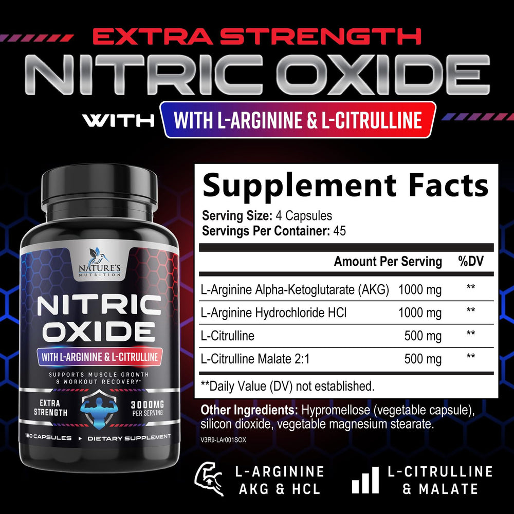 Nature's Nutrition Nitric Oxide Booster capsules close-up highlighting 3000 mg triple-strength formula.