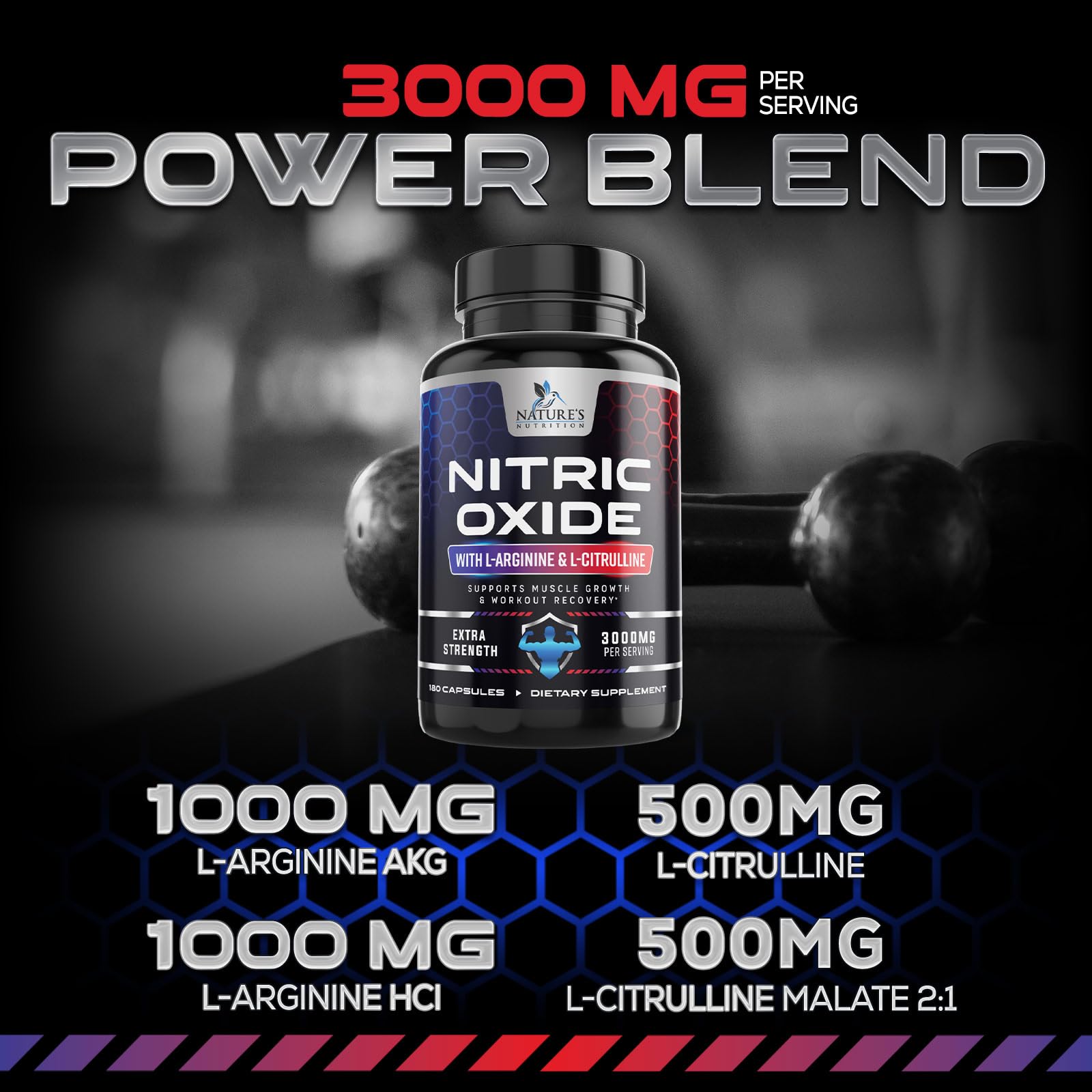 Nature's Nutrition Nitric Oxide Booster label front emphasizes quality and USA-bottled production.
