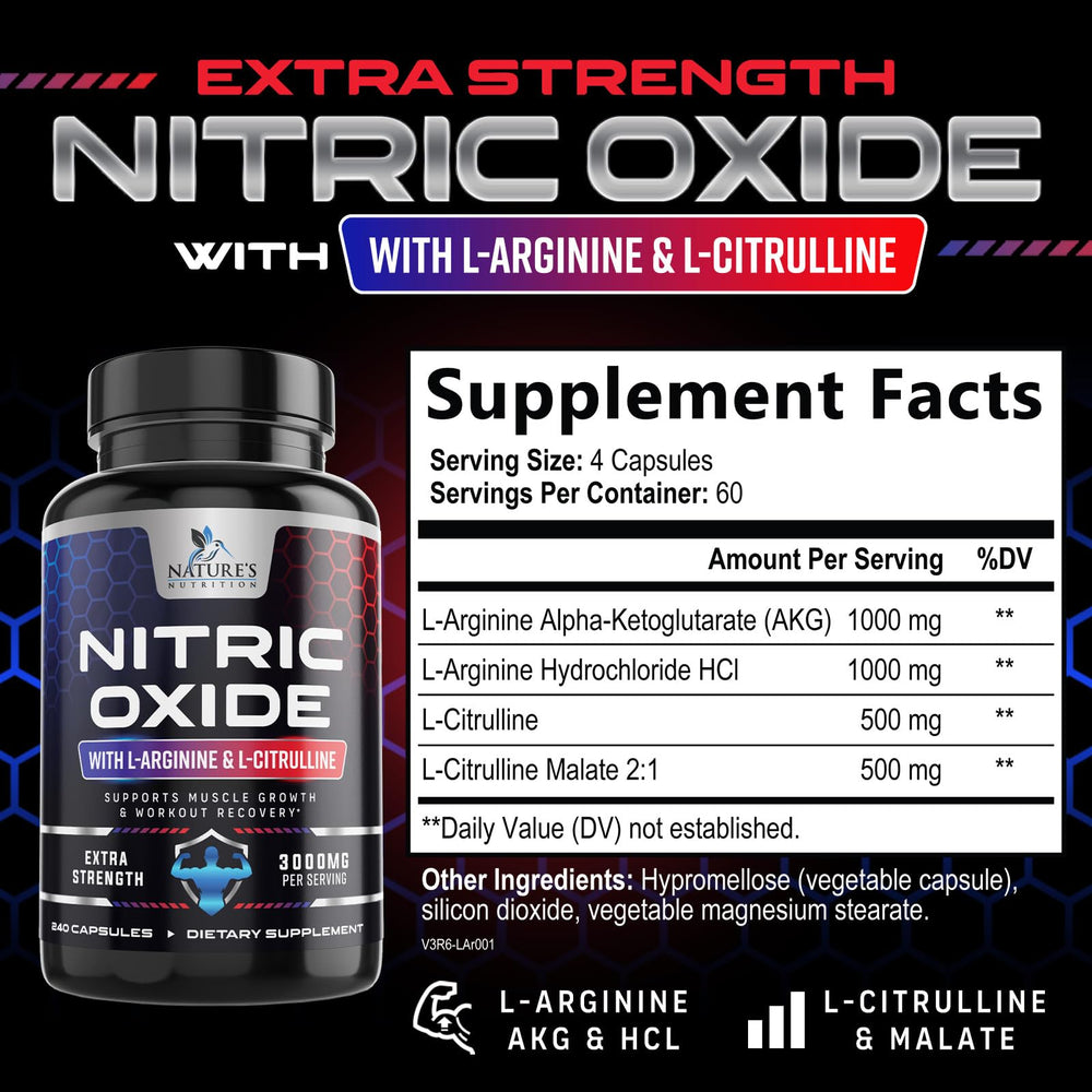 Nature's Nutrition Nitric Oxide capsules closeup of compact pills