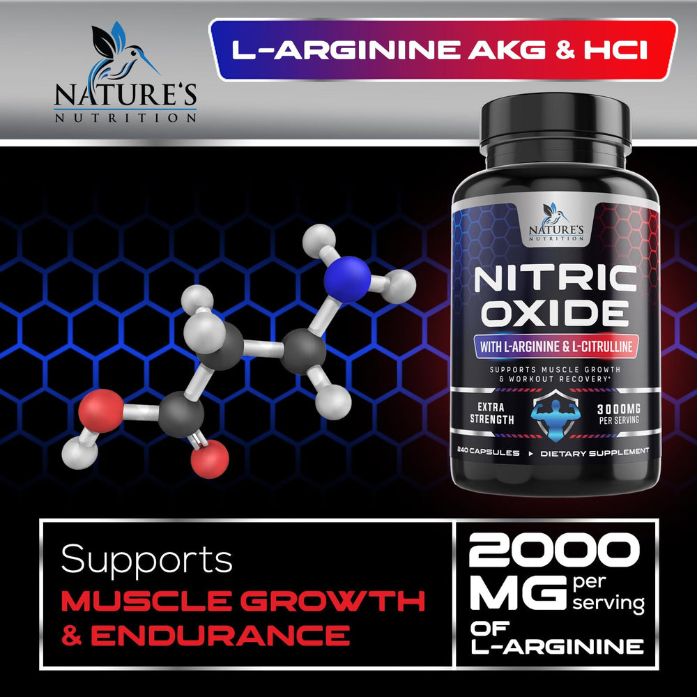 Nature's Nutrition Nitric Oxide capsules in hand for portability