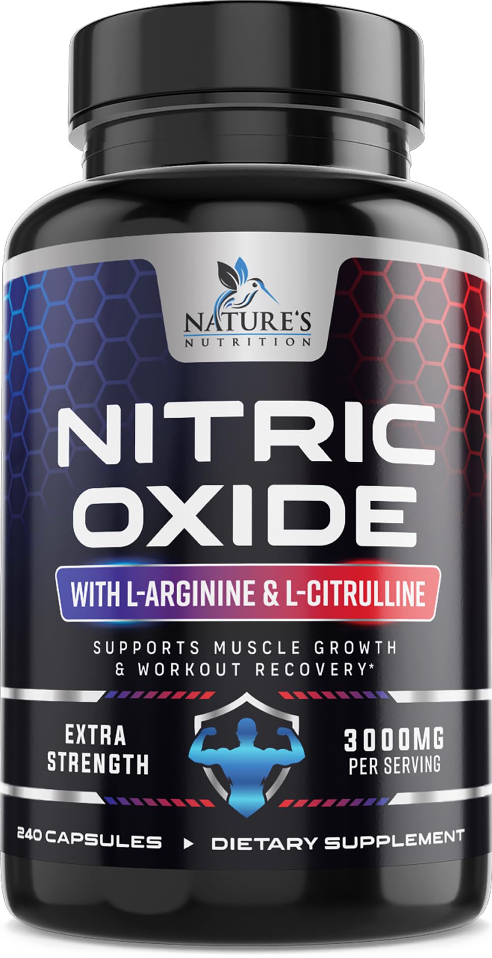 Nature's Nutrition Nitric Oxide Extra Strength 3000mg bottle front showing energy focus