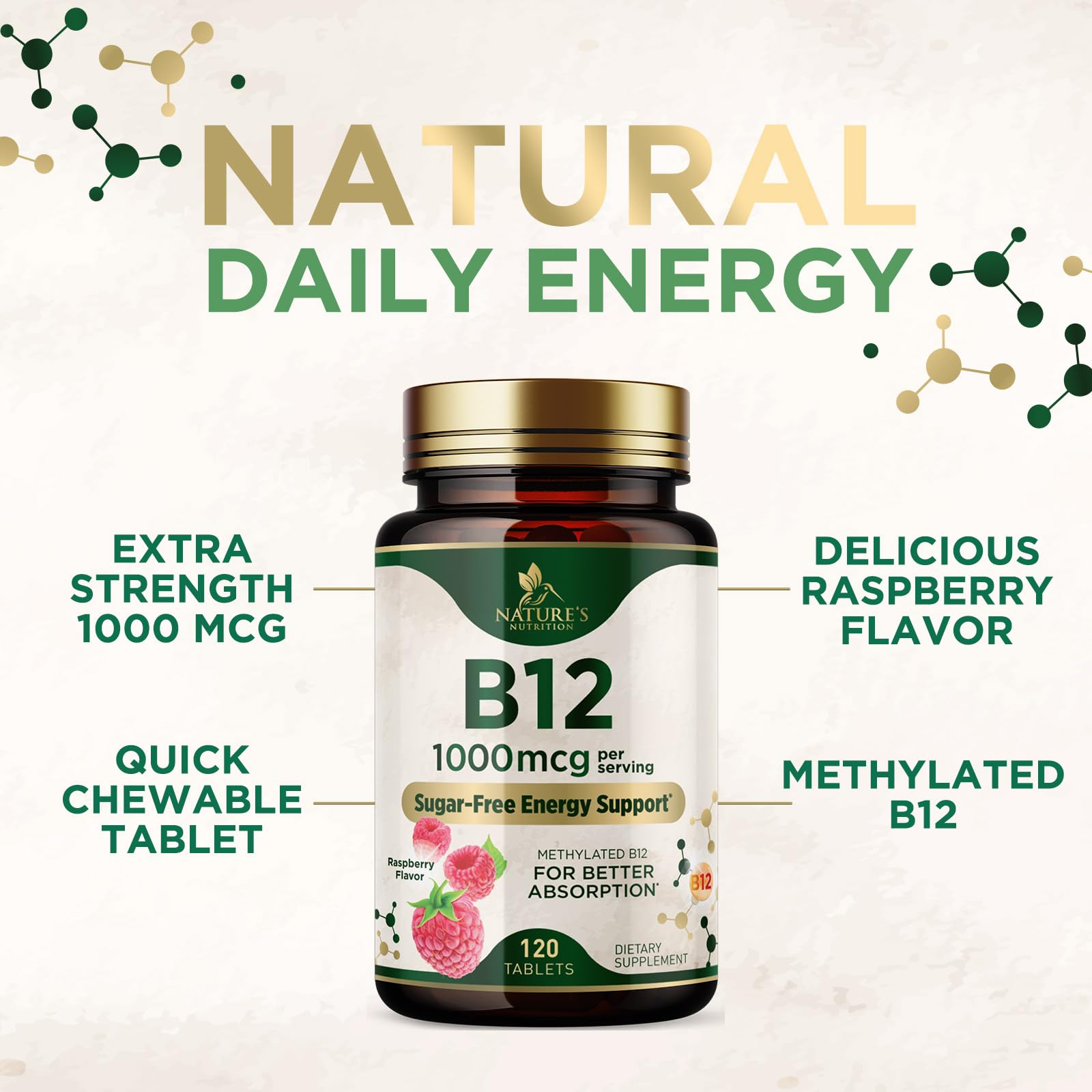 Nature's Nutrition non-GMO gluten-free B12 supplement suits diverse diets.