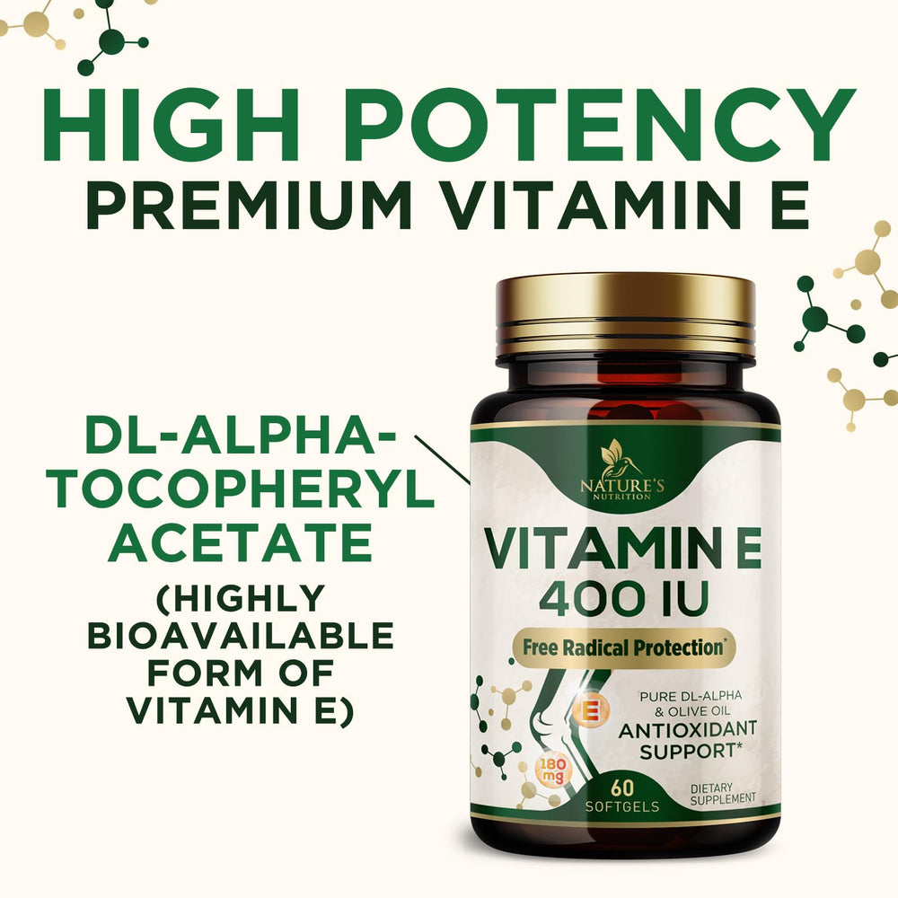 Nature's Nutrition Easy-absorb Vitamin E softgels in clear bottle