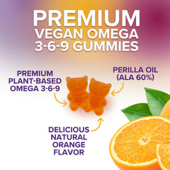 Close-up of Nature's Nutrition Omega 3 6 9 gummies showing chewy texture.