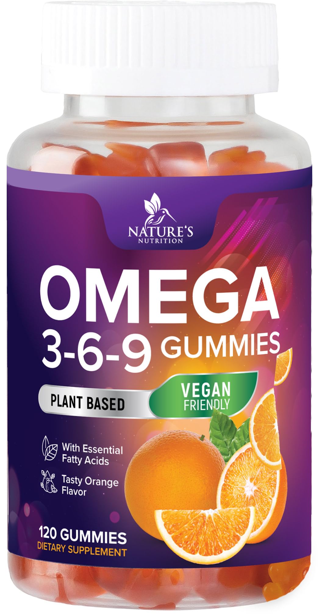 Nature's Nutrition Omega 3 6 9 gummies in orange bottle for daily wellness.