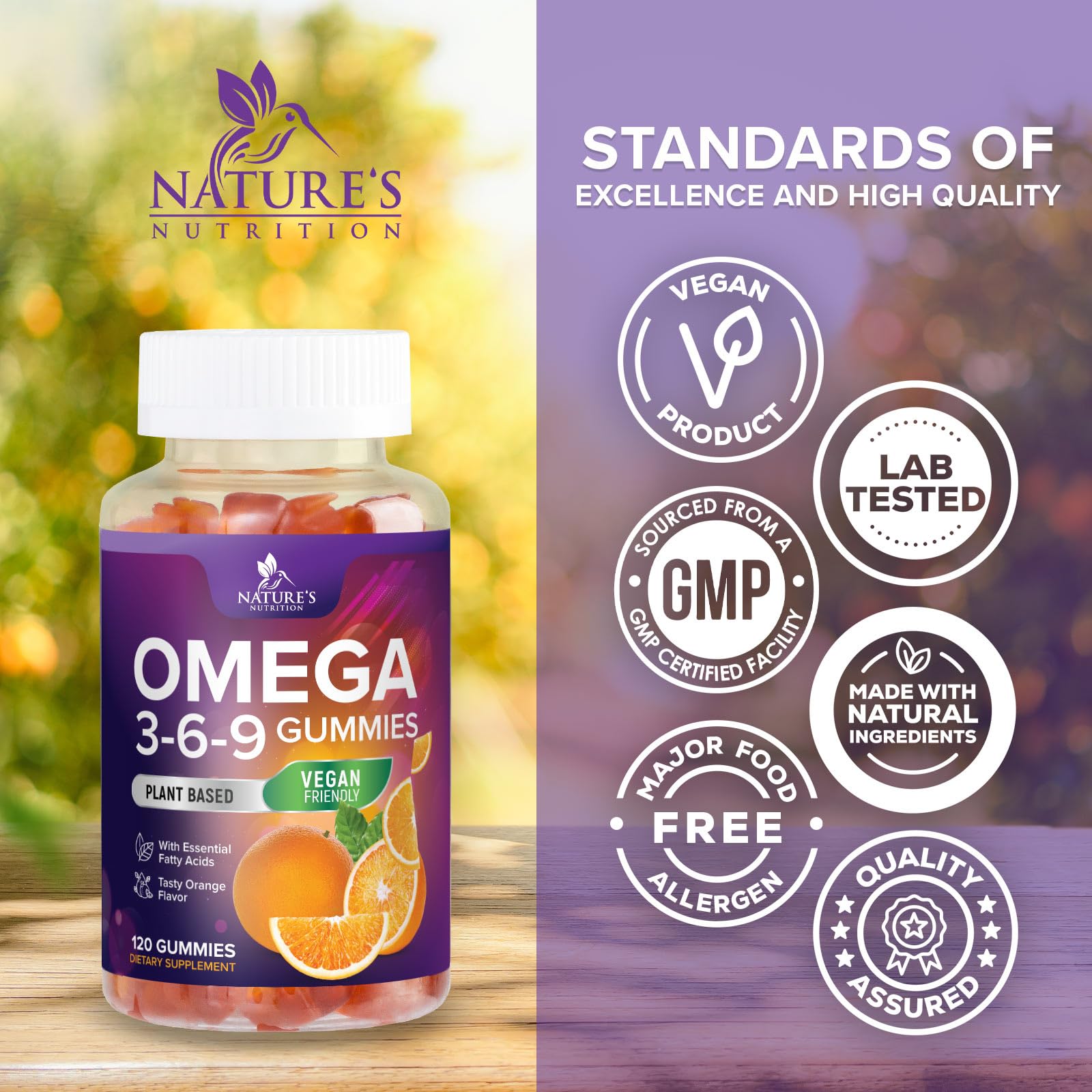 Omega 3 6 9 gummies on plate illustrating serving size from Nature's Nutrition.