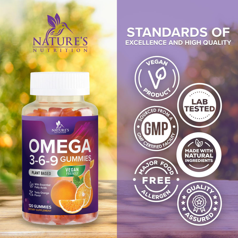 Omega 3 6 9 gummies on plate illustrating serving size from Nature's Nutrition.
