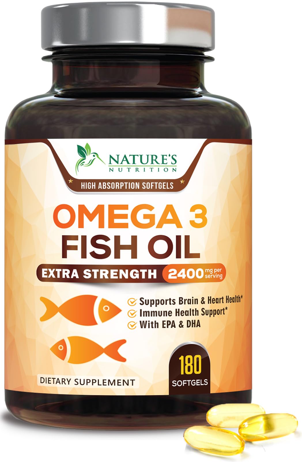 Nature's Nutrition Omega-3 bottle front showcasing triple-strength softgels for daily wellness.