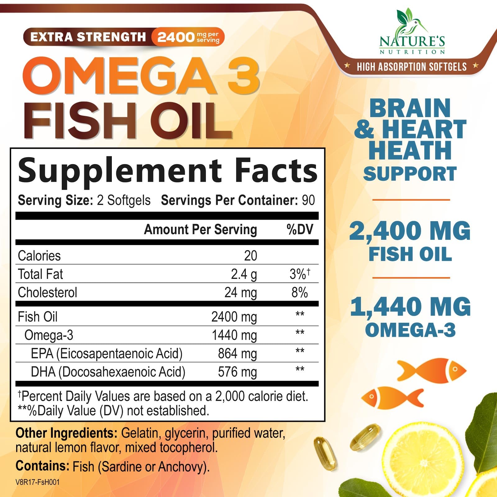 Nature's Nutrition Omega-3 bottle side view highlighting burpless capsules for easy daily use.
