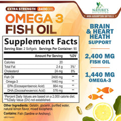 Nature's Nutrition Omega-3 bottle side view highlighting burpless capsules for easy daily use.