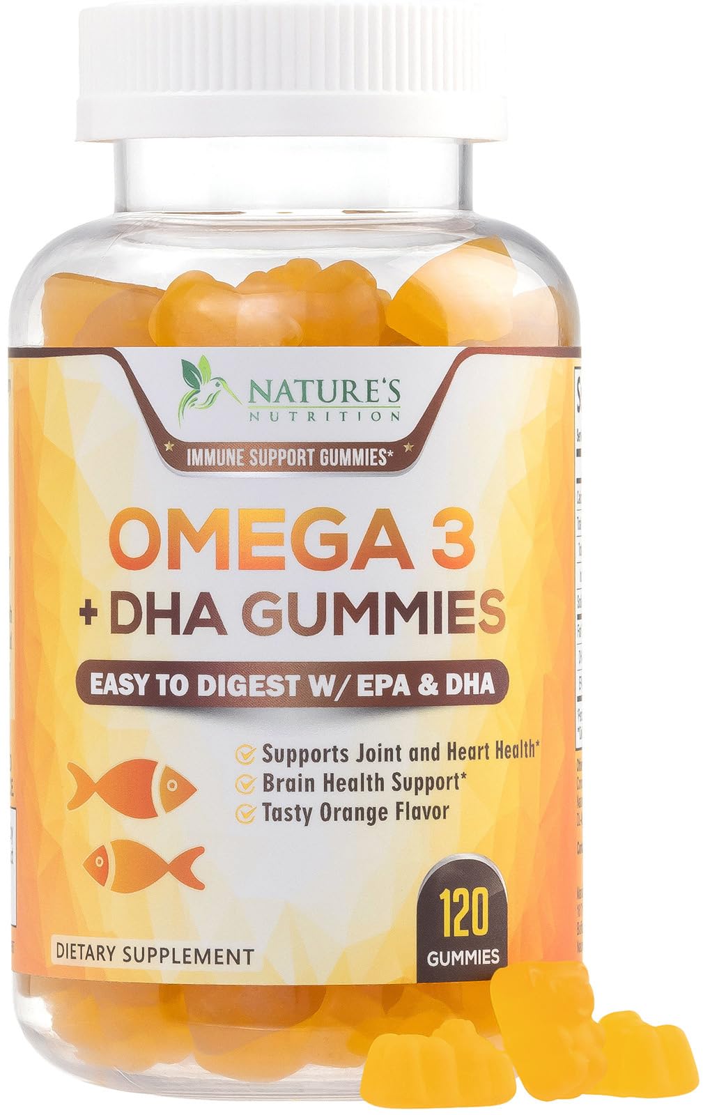 Nature's Nutrition Omega-3 Fish Oil Gummies bottle promotes heart health support.