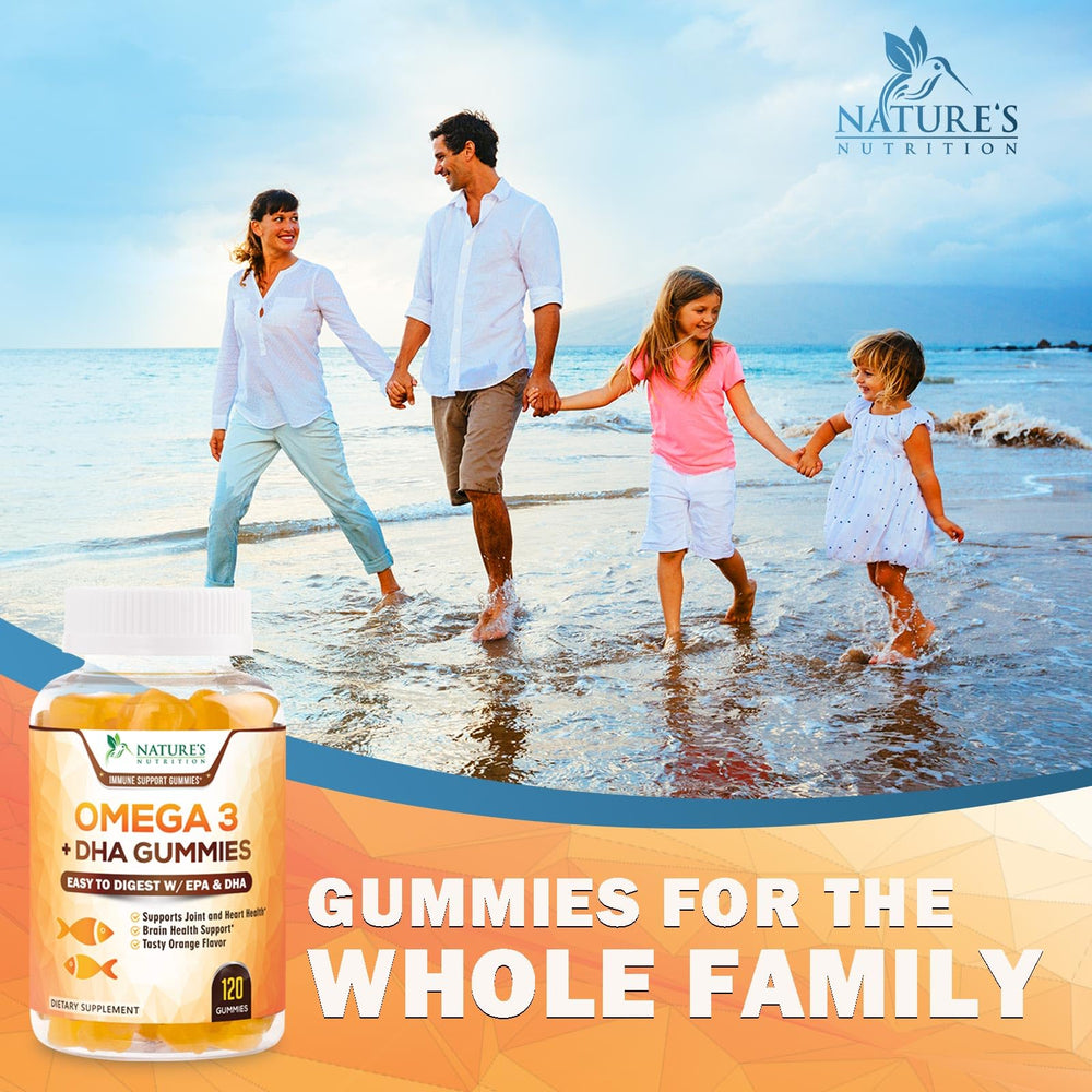 Nature's Nutrition Omega-3 gummies healthy-brain-support closeup highlights DHA benefits.
