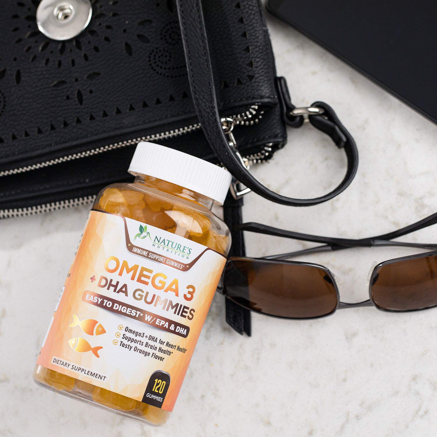 Nature's Nutrition Omega-3 gummies heart health focus on label.