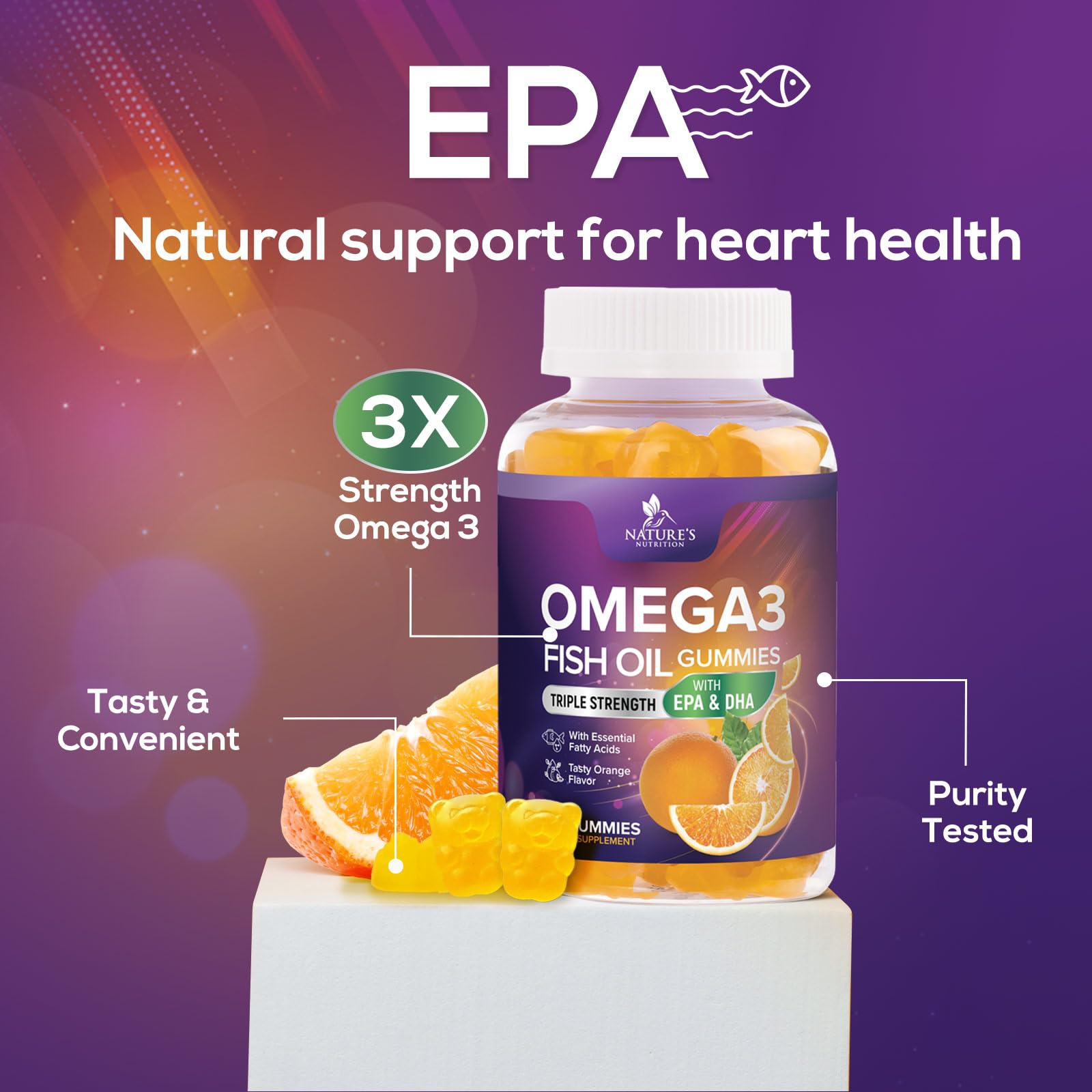 Nature's Nutrition Omega 3 Gummies icon set emphasizes DHA and EPA availability.