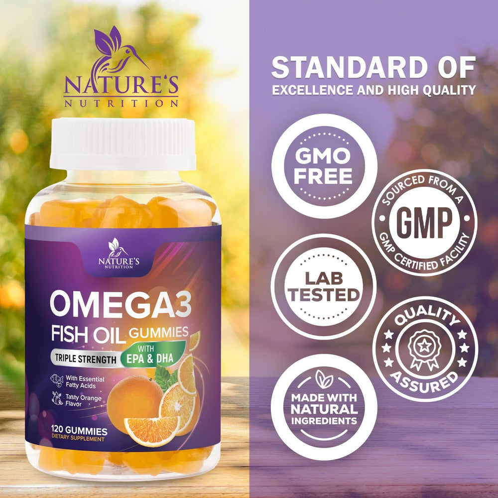 Nature's Nutrition Omega 3 Gummies family scene indicates suitability for adults and kids.