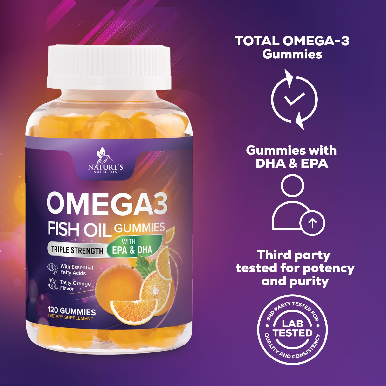 Nature's Nutrition Omega 3 Gummies gluten-free and dairy-free attributes.